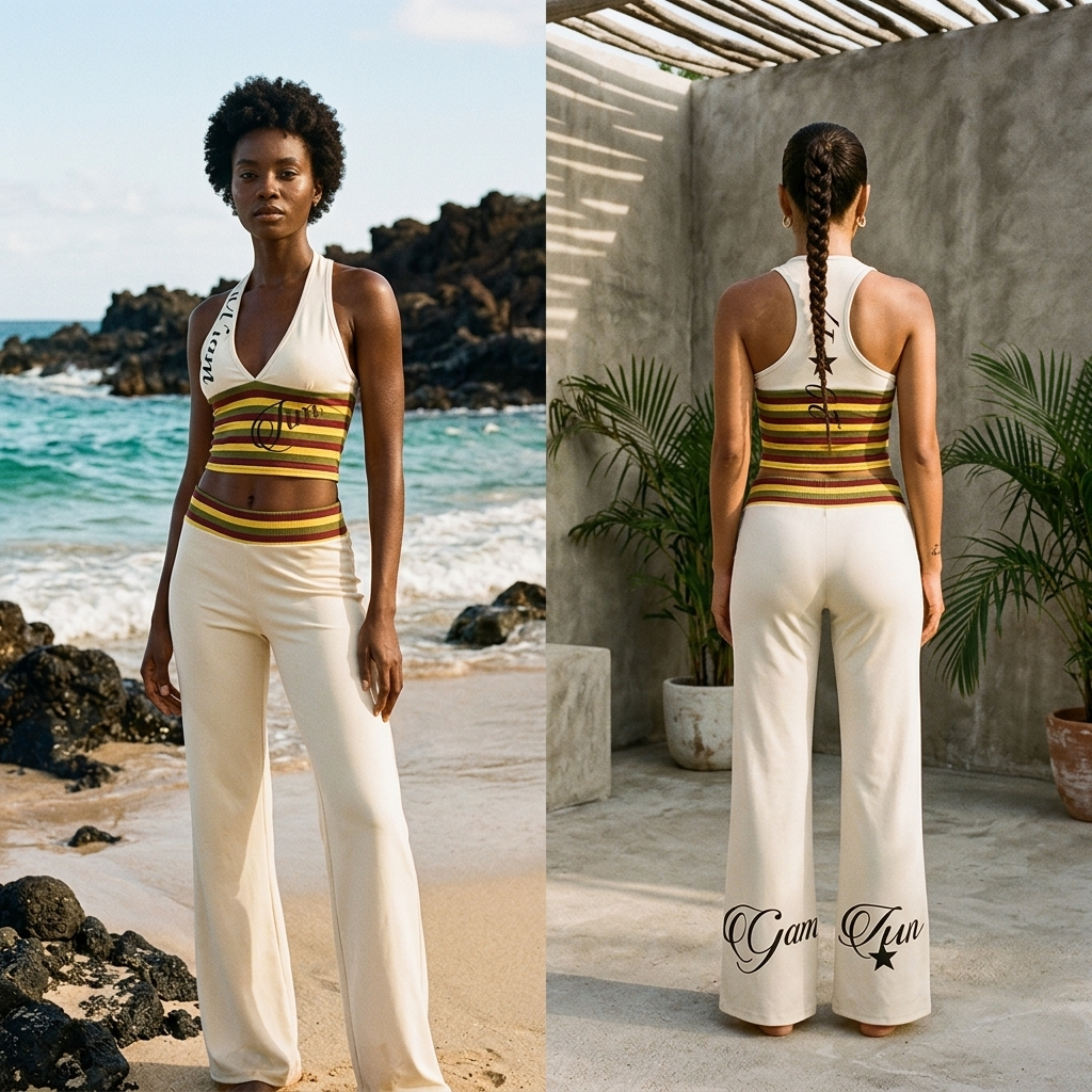 Women's Striped Crop Top &amp; Flared Wide-Leg Pants Set