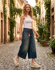 Women's Vintage Washed Denim Wide-Leg Cropped Pants
