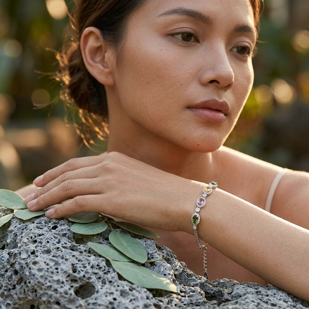 Women's Natural Tourmaline Bracelet — 925 Sterling Silver Geometric Oval