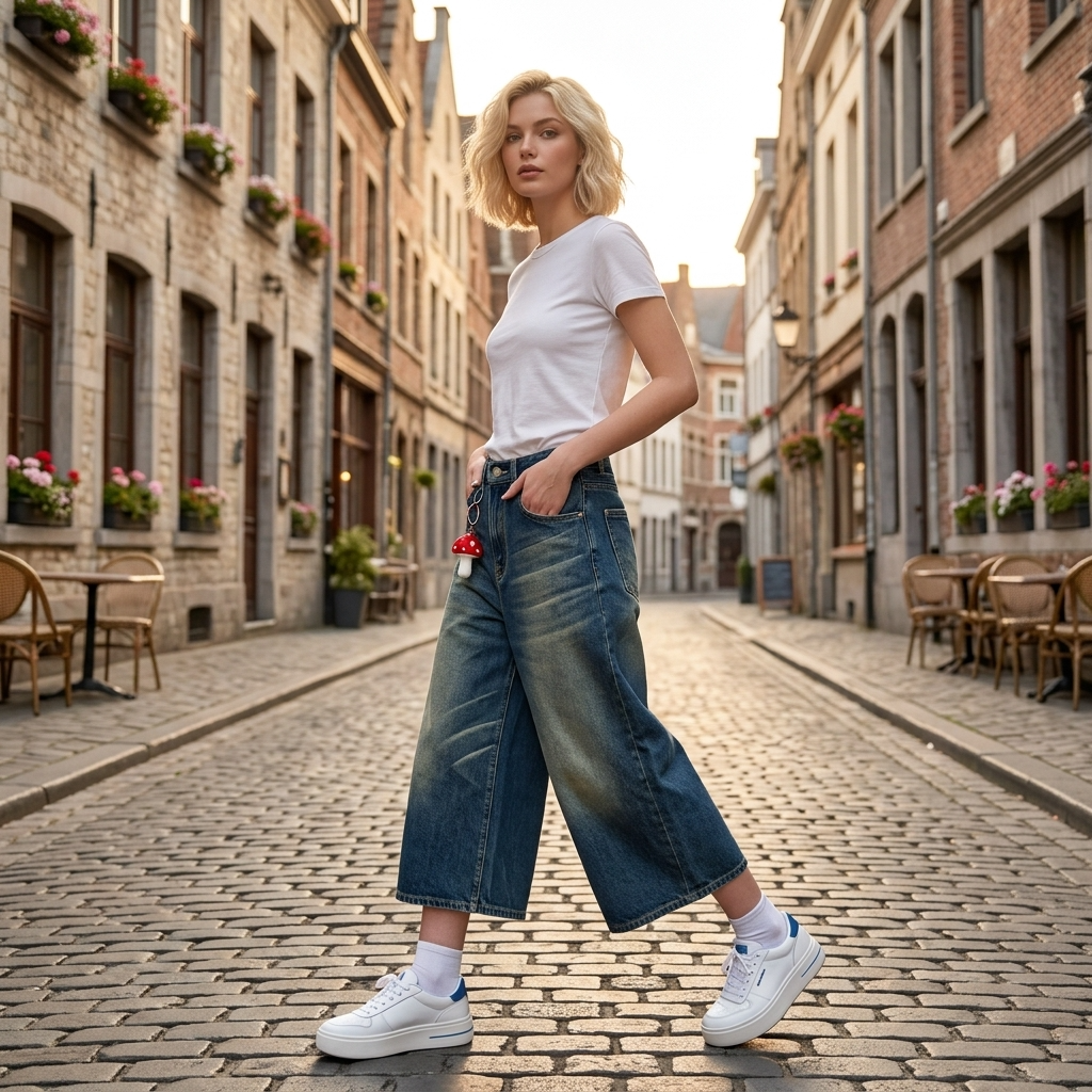 Women's Vintage Washed Denim Wide-Leg Cropped Pants