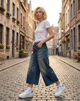 Women's Vintage Washed Denim Wide-Leg Cropped Pants