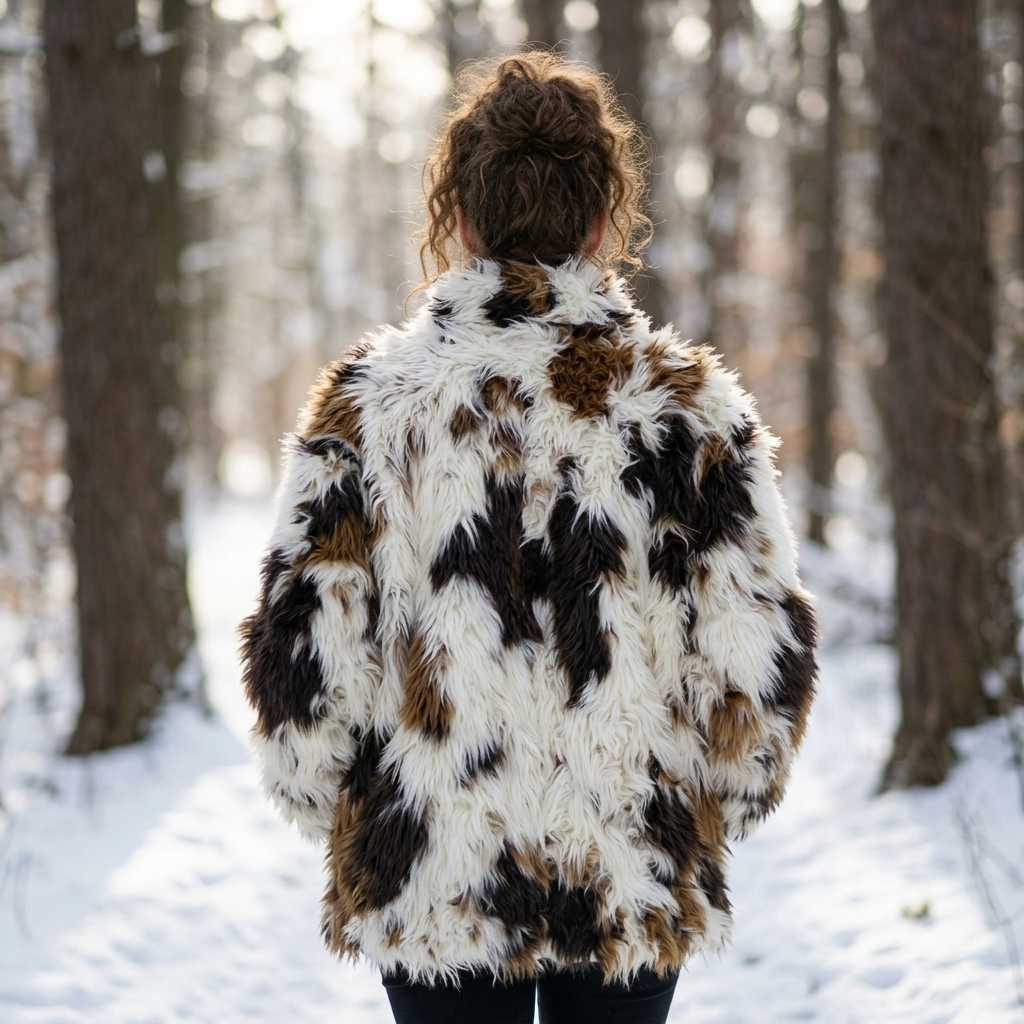 Women's Floral Faux Fur Coat – Eco-Friendly Plush Lapel Winter Jacket, Short or Long, S–L
