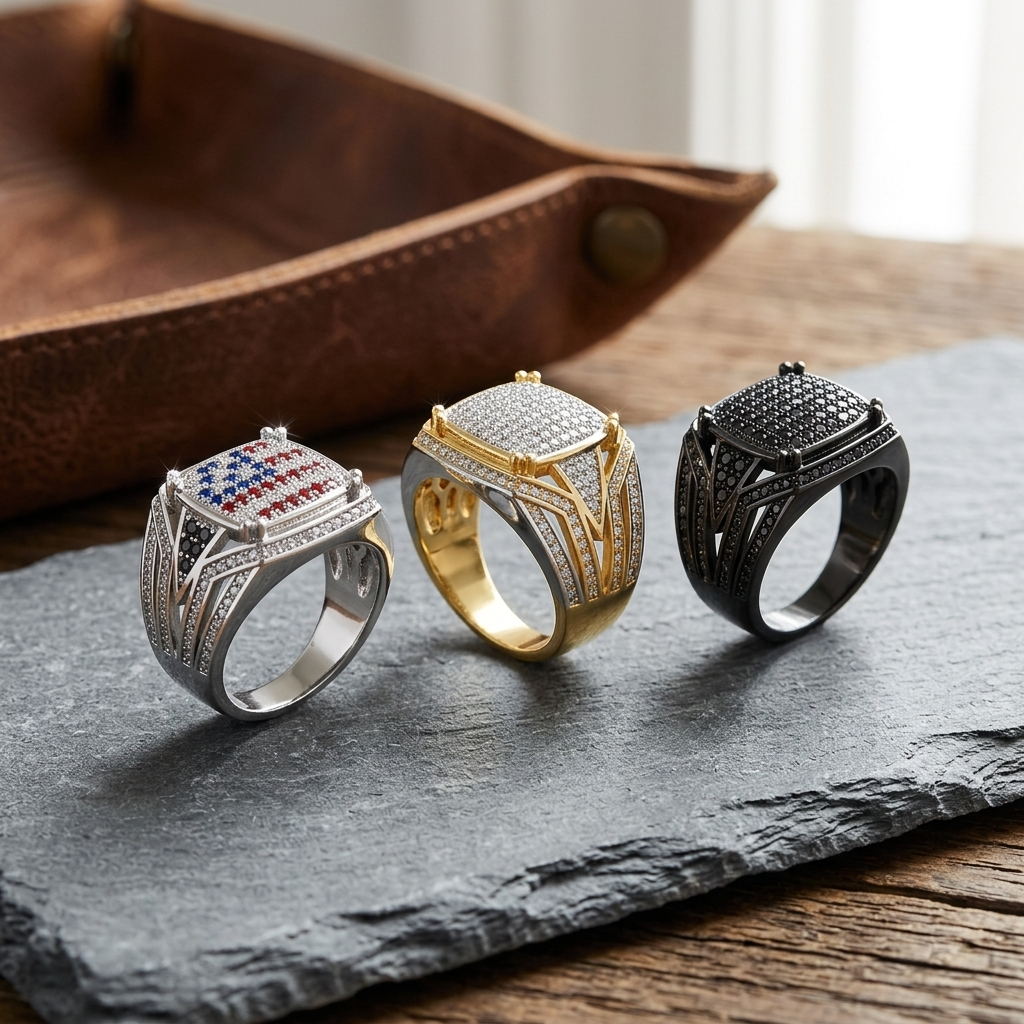 Men's Zircon-Inlaid Geometric Ring - Hip-Hop &amp; Business Style