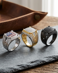 Men's Zircon-Inlaid Geometric Ring - Hip-Hop & Business Style