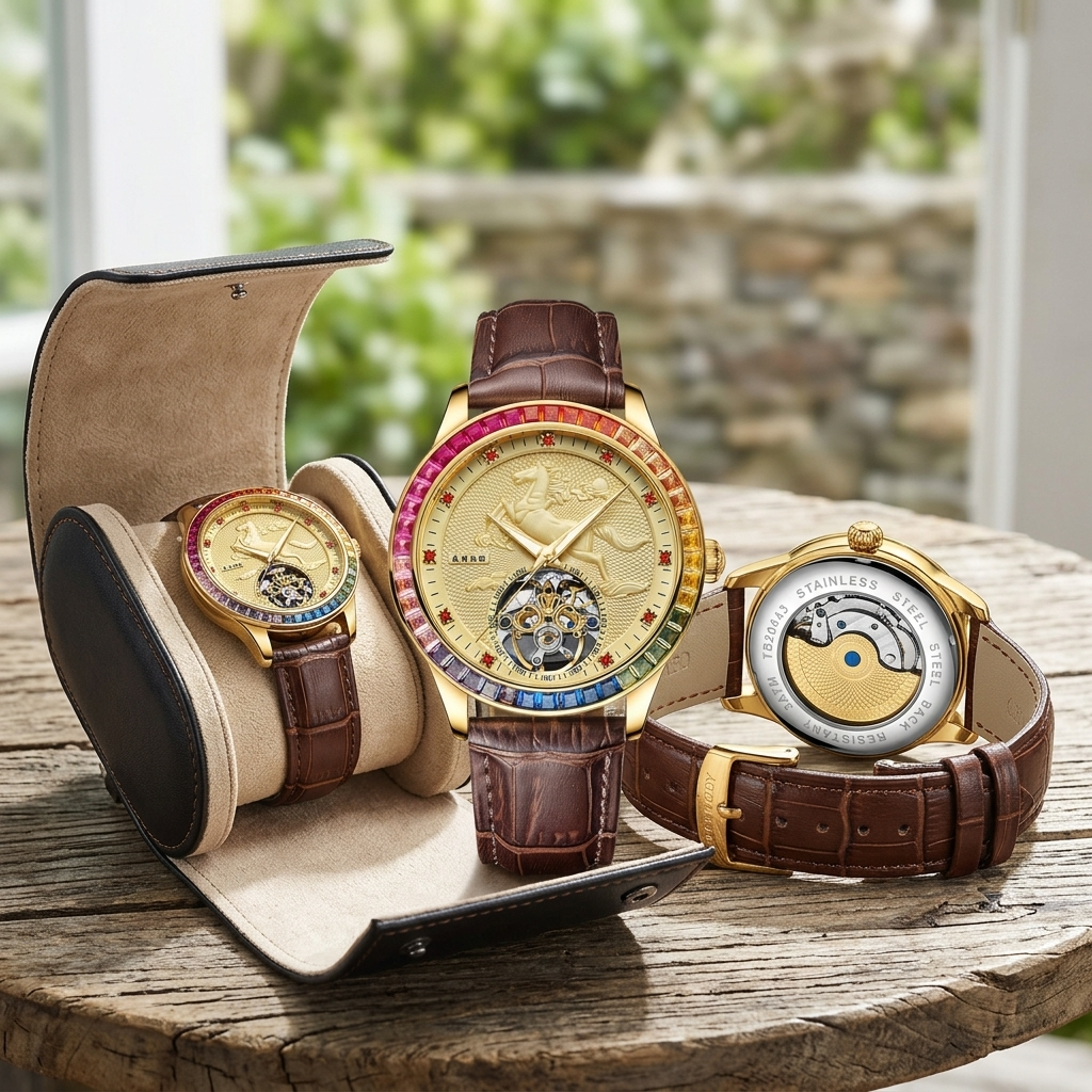 Men's Automatic Mechanical Watch – Rose Gold, Hollow Dial &amp; Leather Strap