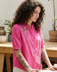 Women's Embroidered Cotton Linen Short Sleeve Shirt