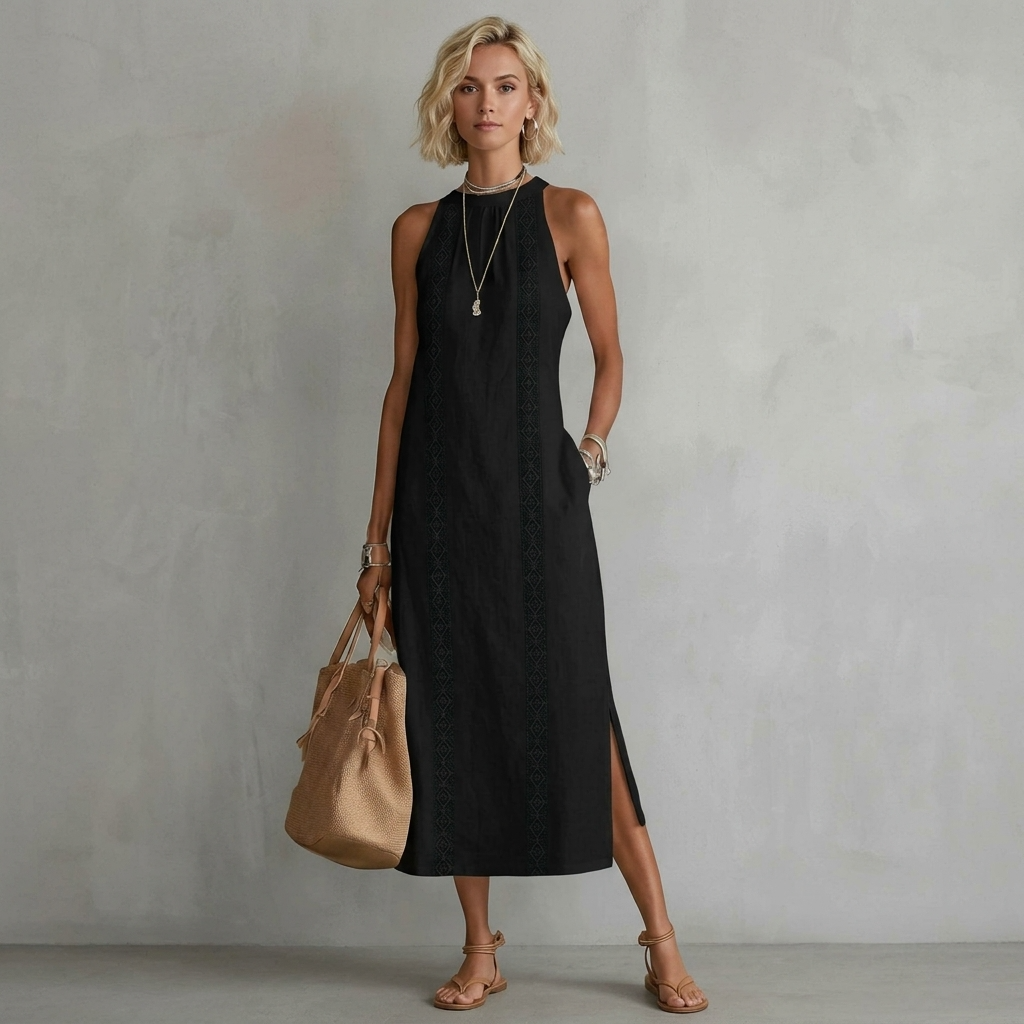 Women's Lace Detail Sleeveless A-Line Dress – Cotton Blend Side Slit