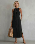 Women's Lace Detail Sleeveless A-Line Dress – Cotton Blend Side Slit