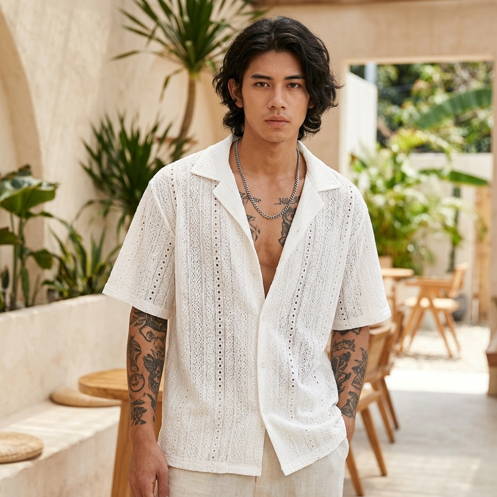 Men's Hollow Cut-Out Cuban Collar Shirt – Loose Fit Short Sleeve