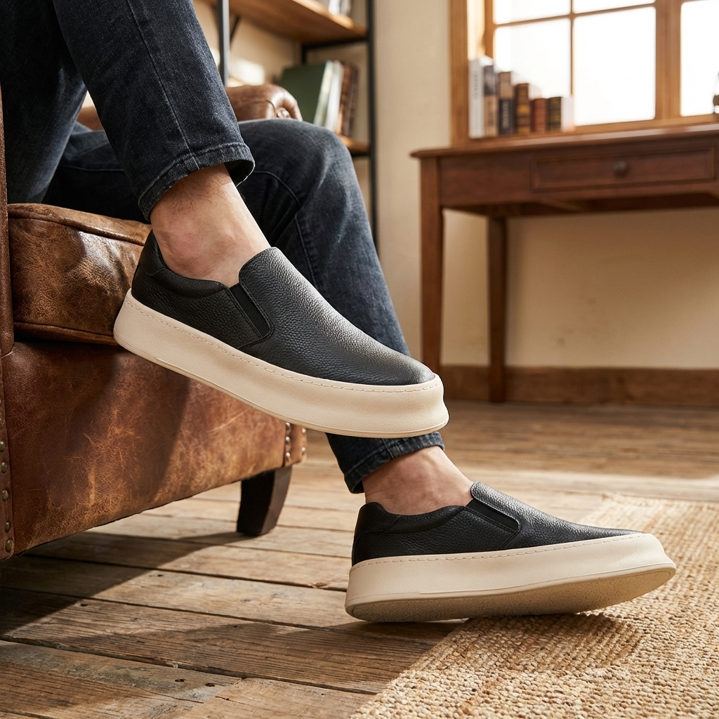 Herren-Slipper aus echtem Leder – Freizeit-Mokassins aus Rindsleder mit dicker Sohle und rutschfester Gummi-Außensohle
