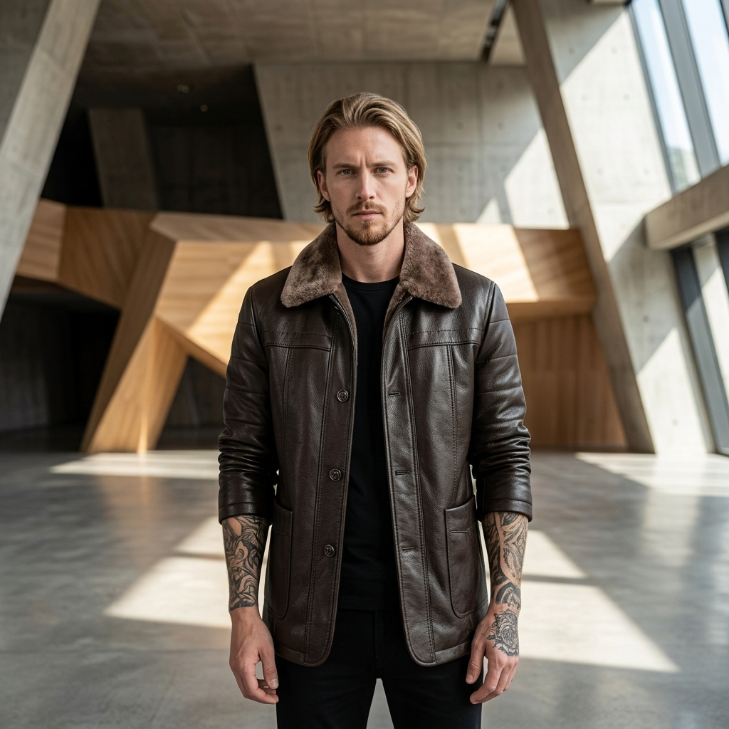 Manteau en cuir mi-long en véritable peau de mouton pour homme – Veste d'hiver doublée de fourrure avec col à revers et fermeture éclair