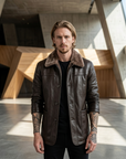 Manteau en cuir mi-long en véritable peau de mouton pour homme – Veste d'hiver doublée de fourrure avec col à revers et fermeture éclair