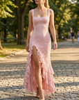 Women's Backless Sling Maxi Dress – Lace Ruffle Irregular Hem Bodycon
