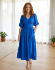 Women's Puff-Sleeve Maxi Dress – V-Neck High-Waist Swing Dress