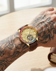 Men's Automatic Mechanical Watch – Rose Gold, Hollow Dial & Leather Strap