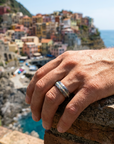 Men's Tungsten Rose Gold Hammered Ring – Crushed Opal Inlay