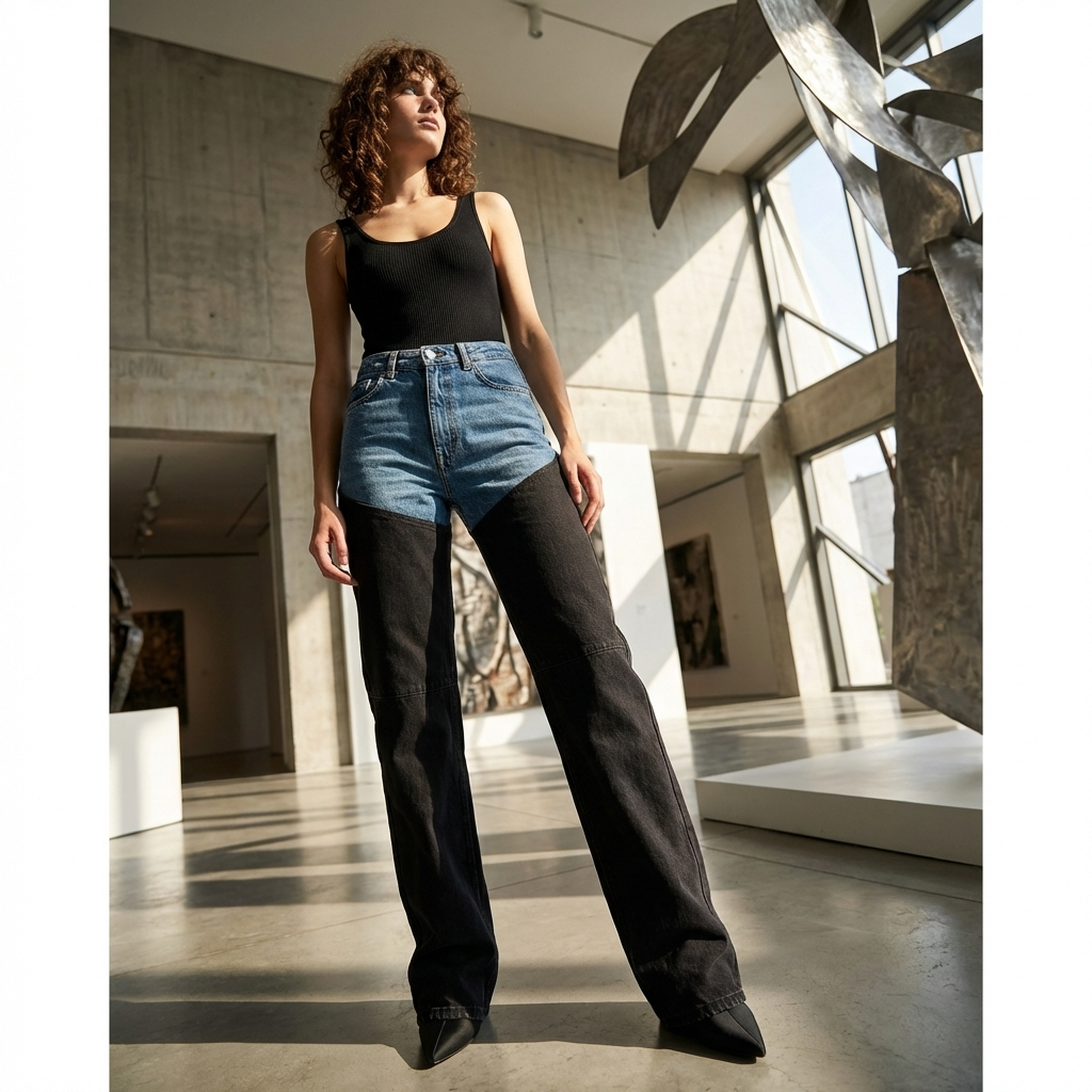 High-Waist Straight-Leg Jeans für Damen – Distressed Blau-Schwarzer Denim mit Color Blocking, Lässiger Vintage-Stil &amp; Figurschmeichelnde Passform