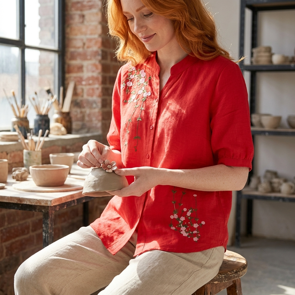 Women's Embroidered Cotton Linen Short Sleeve Shirt