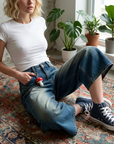Women's Vintage Washed Denim Wide-Leg Cropped Pants