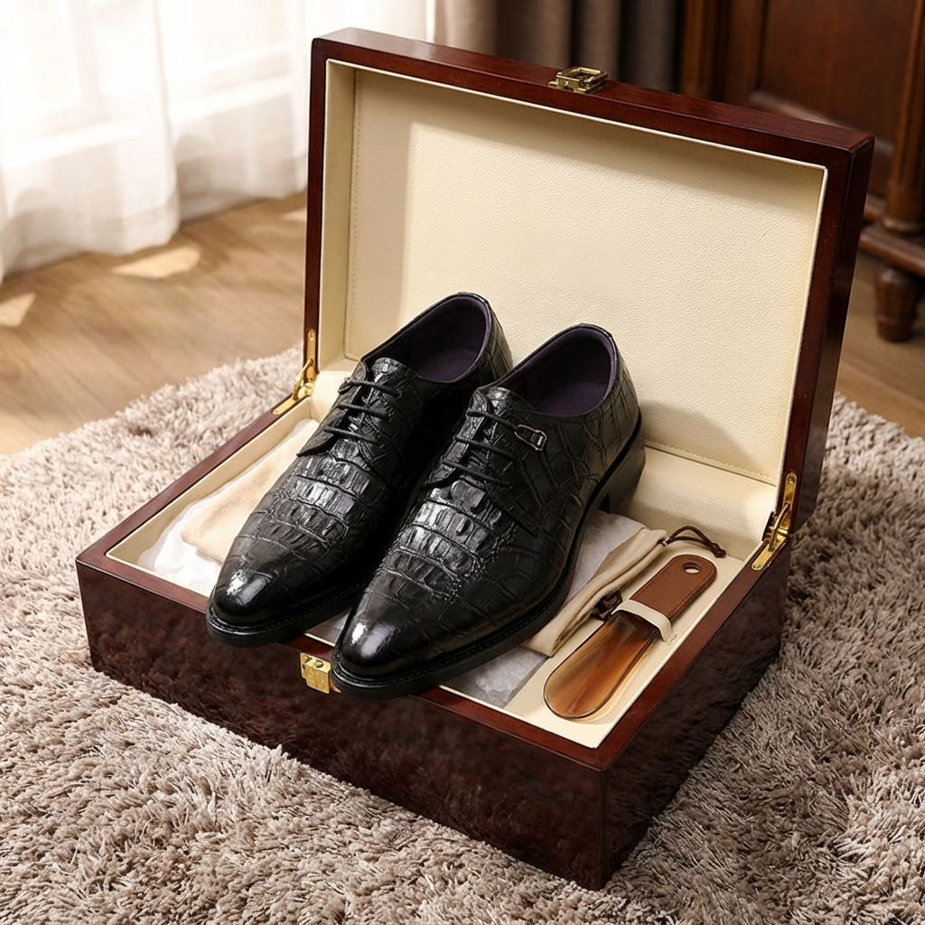 Herren formelle Lederschuhe mit Krokodilmuster – Spitz zulaufende Business- und Hochzeits-Schnürschuhe aus erstklassigem Rindsleder
