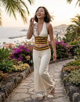Women's Striped Crop Top & Flared Wide-Leg Pants Set