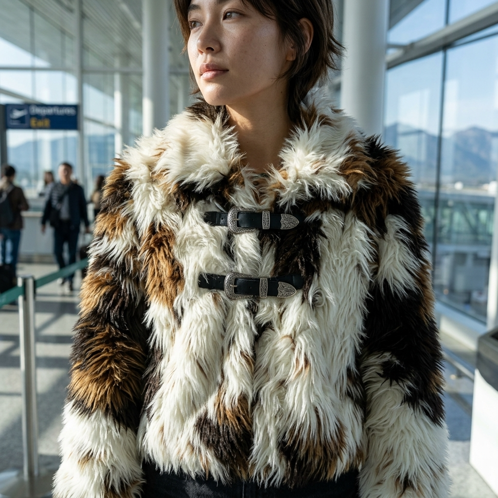 Women's Floral Faux Fur Coat – Eco-Friendly Plush Lapel Winter Jacket, Short or Long, S–L