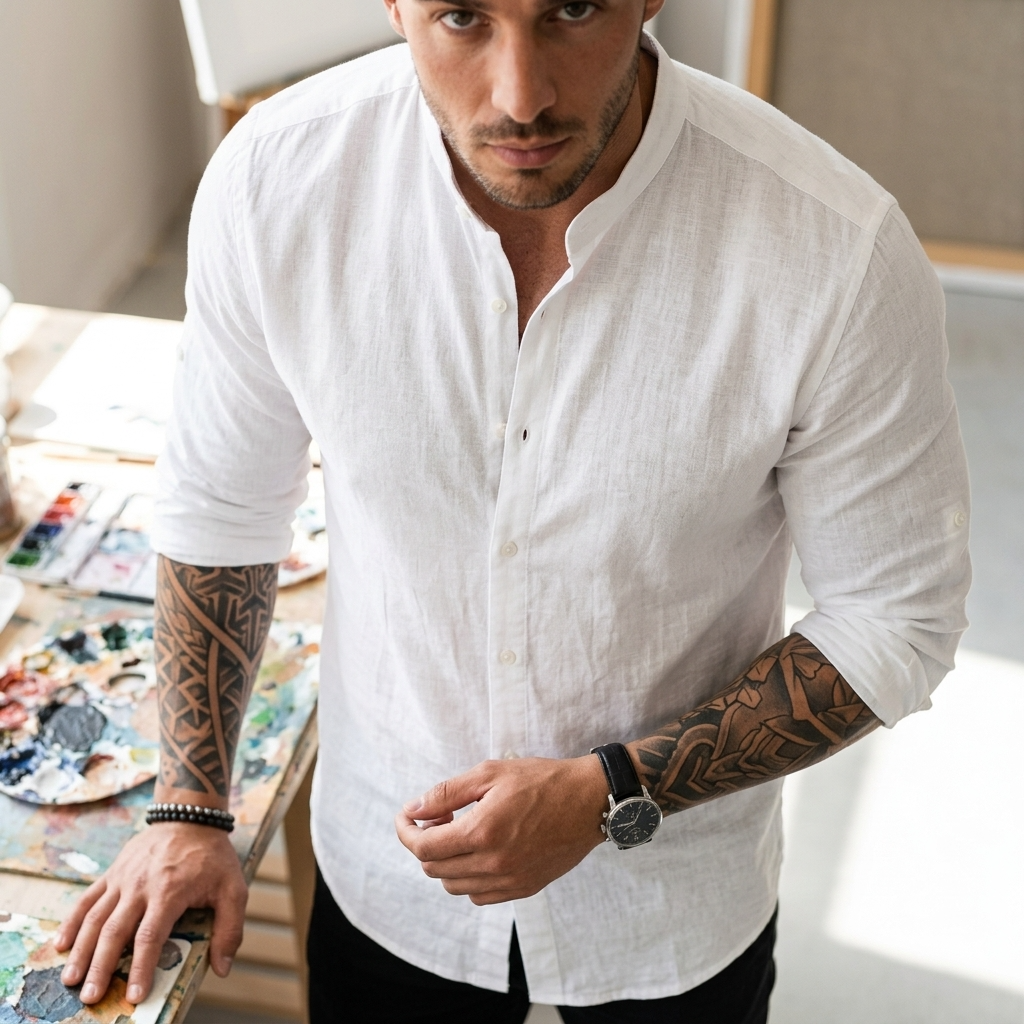 Men's Cotton Linen Button-Up Shirt – Slim Fit Long Sleeve
