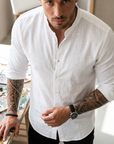 Men's Cotton Linen Button-Up Shirt – Slim Fit Long Sleeve