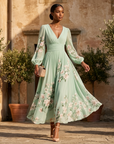 Women's Floral Digital Print Long-Sleeve V-Neck Pleated Dress