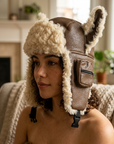 Women's Adjustable Leather Ear Flap Winter Hat – Aviator Dome Cap
