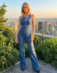 Women's Backless Denim Jumpsuit – Halter Neck High-Waist Zip-Up Slim Fit One-Piece
