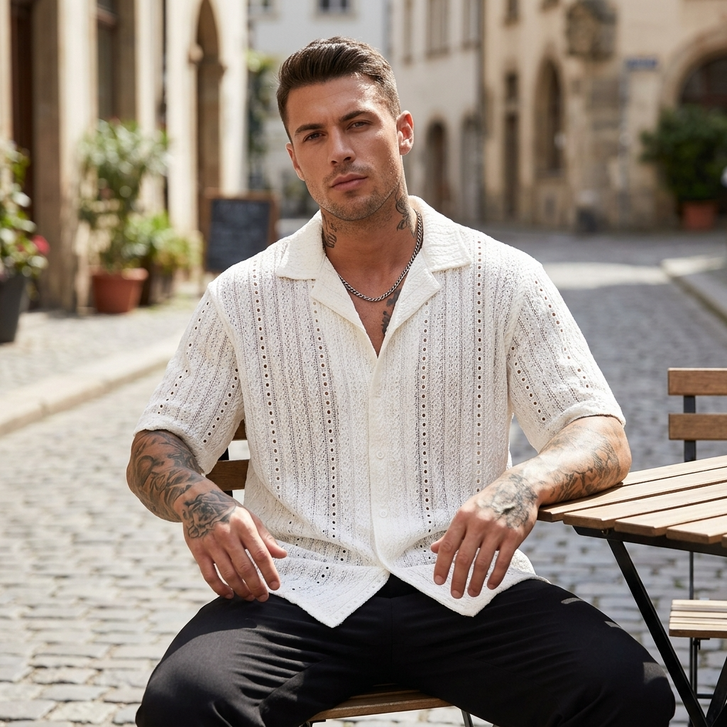 Men's Hollow Cut-Out Cuban Collar Shirt – Loose Fit Short Sleeve