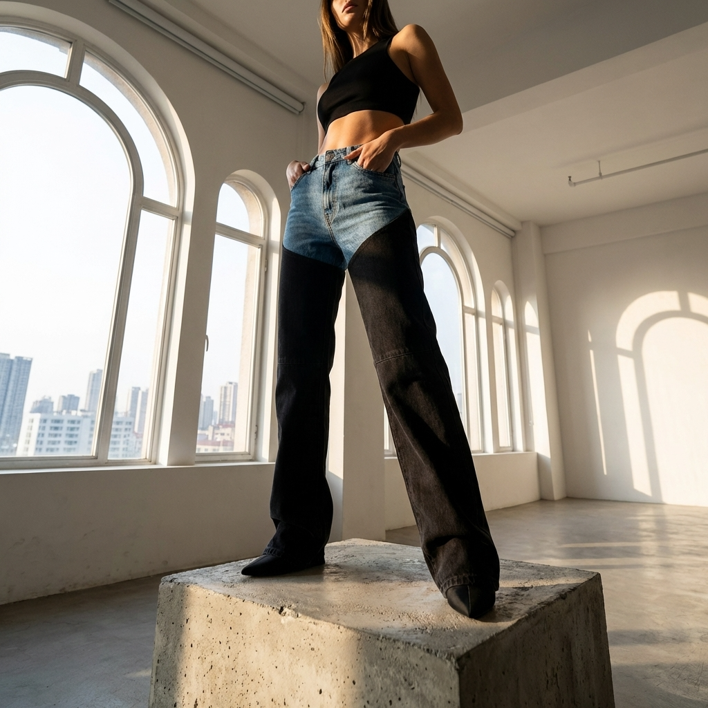 High-Waist Straight-Leg Jeans für Damen – Distressed Blau-Schwarzer Denim mit Color Blocking, Lässiger Vintage-Stil &amp; Figurschmeichelnde Passform