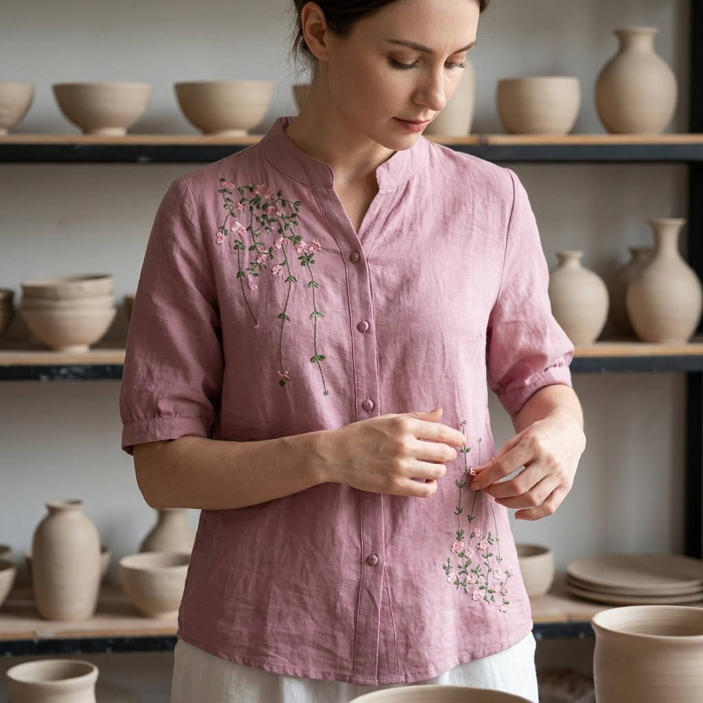 Women's Embroidered Cotton Linen Short Sleeve Shirt