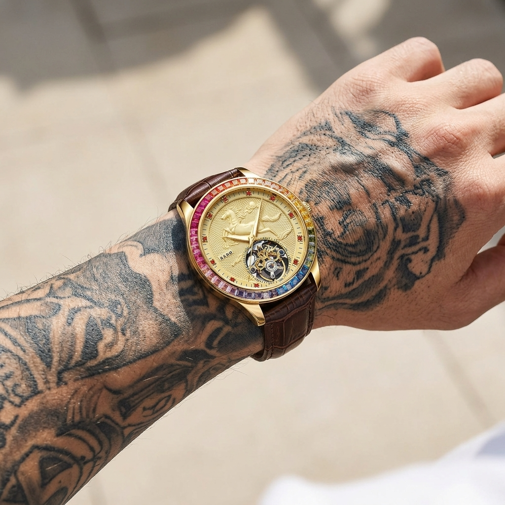 Men's Automatic Mechanical Watch – Rose Gold, Hollow Dial &amp; Leather Strap