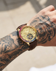Men's Automatic Mechanical Watch – Rose Gold, Hollow Dial & Leather Strap