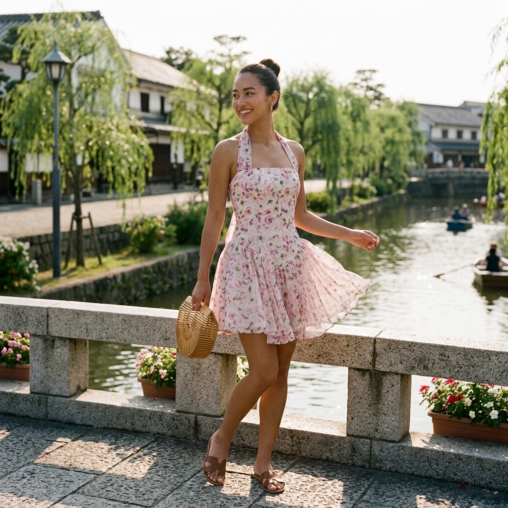 Women's Floral Halter Neck Chiffon Mini Dress