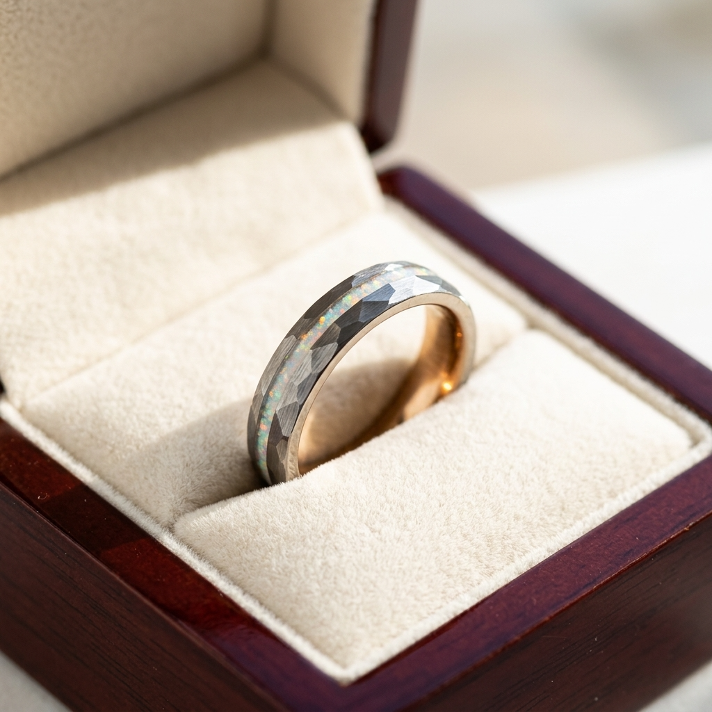 Men's Tungsten Rose Gold Hammered Ring – Crushed Opal Inlay