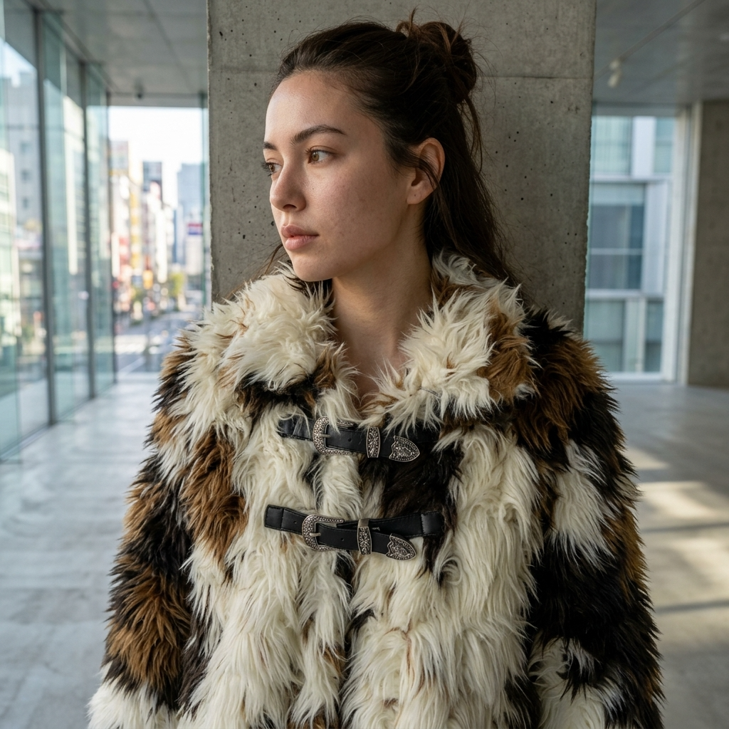 Women's Floral Faux Fur Coat – Eco-Friendly Plush Lapel Winter Jacket, Short or Long, S–L
