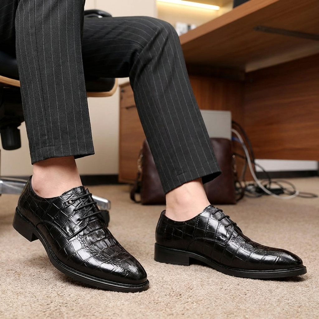 Herren formelle Lederschuhe mit Krokodilmuster – Spitz zulaufende Business- und Hochzeits-Schnürschuhe aus erstklassigem Rindsleder