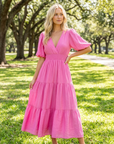 Women's Puff-Sleeve Maxi Dress – V-Neck High-Waist Swing Dress