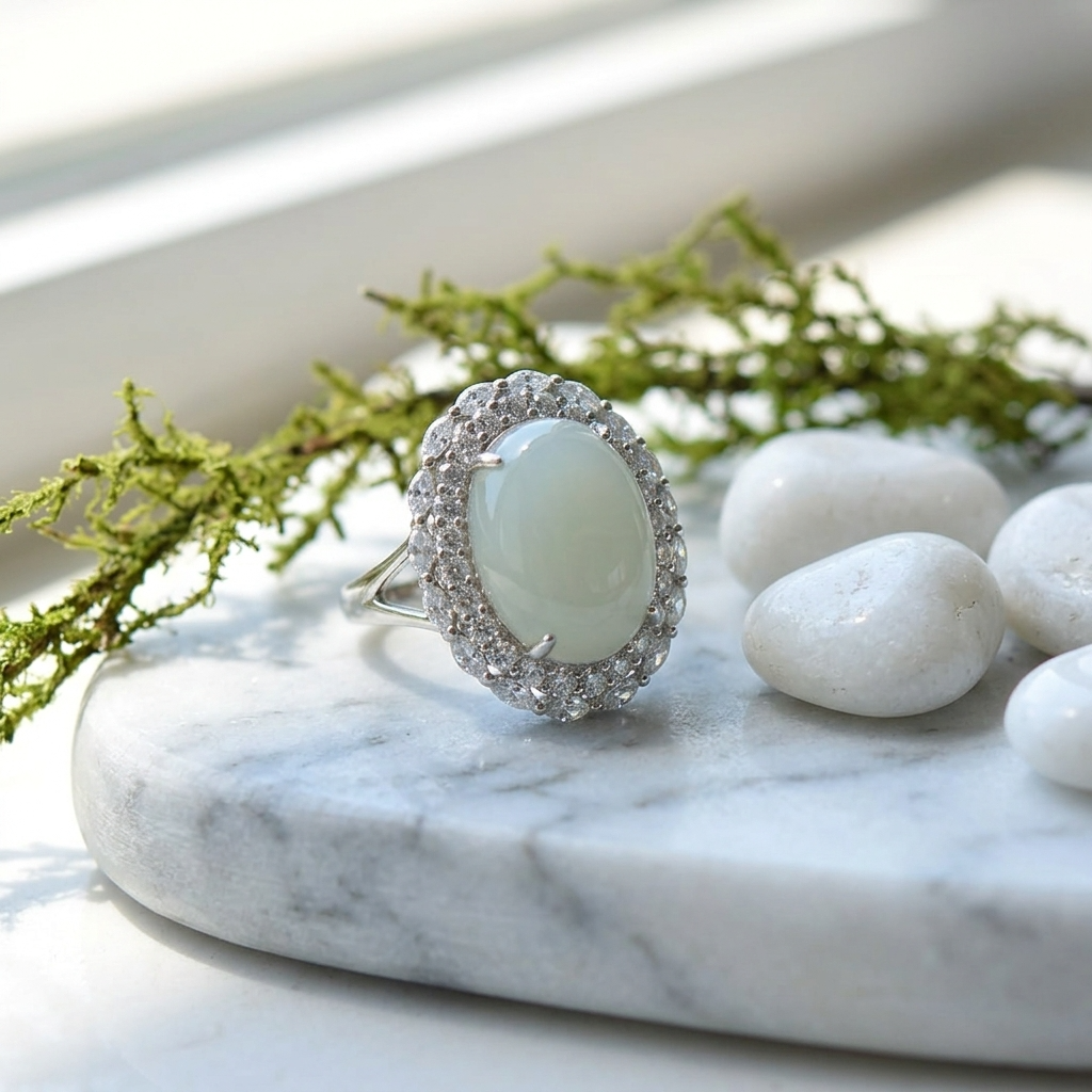 Women's Natural Hetian Jade Ring – 925 Sterling Silver Adjustable size