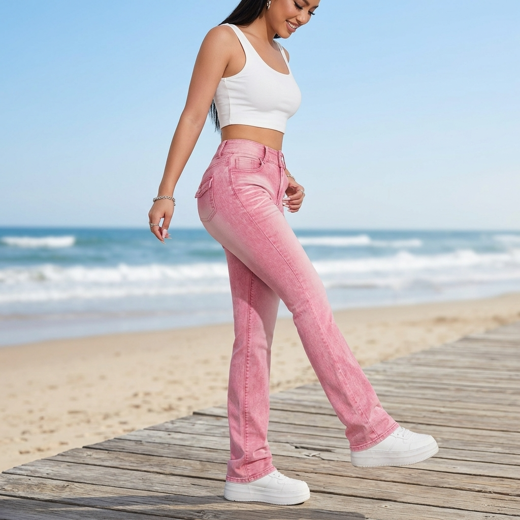 Women's High-Waist Bootcut Jeans – Stretch Denim in Pink &amp; Purple