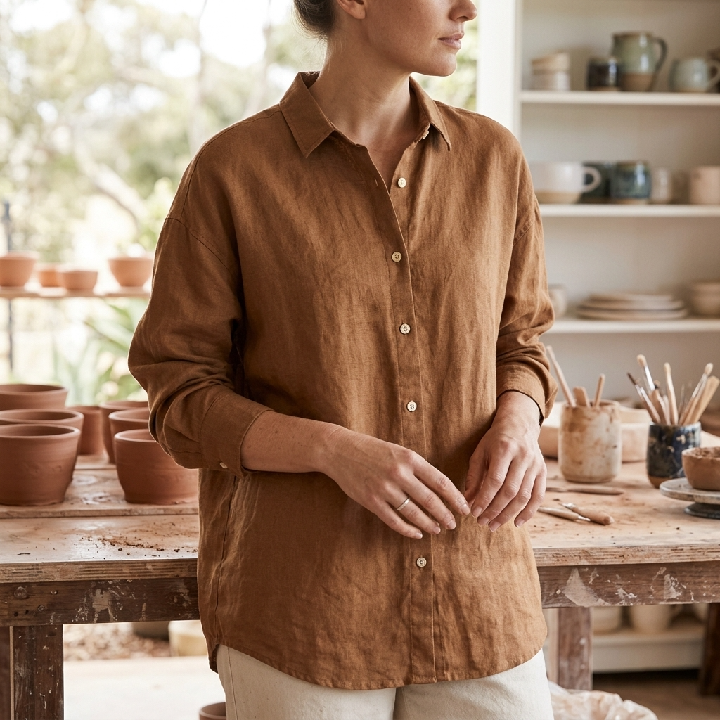Women's 100% Linen Shirt – Long Sleeve Polo Collar Button-Down
