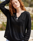 Women's Tencel Linen Blend V-Neck Long Sleeve Top – Loose Fit UV-Protection Pullover