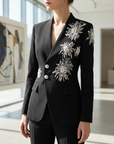 Women's V-Neck Rhinestone Blazer – Long Sleeve Embellished Jacket