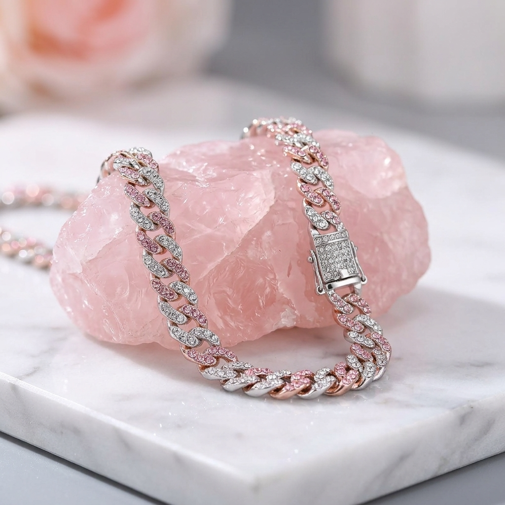 Men's Hip-Hop Dual-Tone Diamond Cuban Chain Necklace &amp; Bracelet