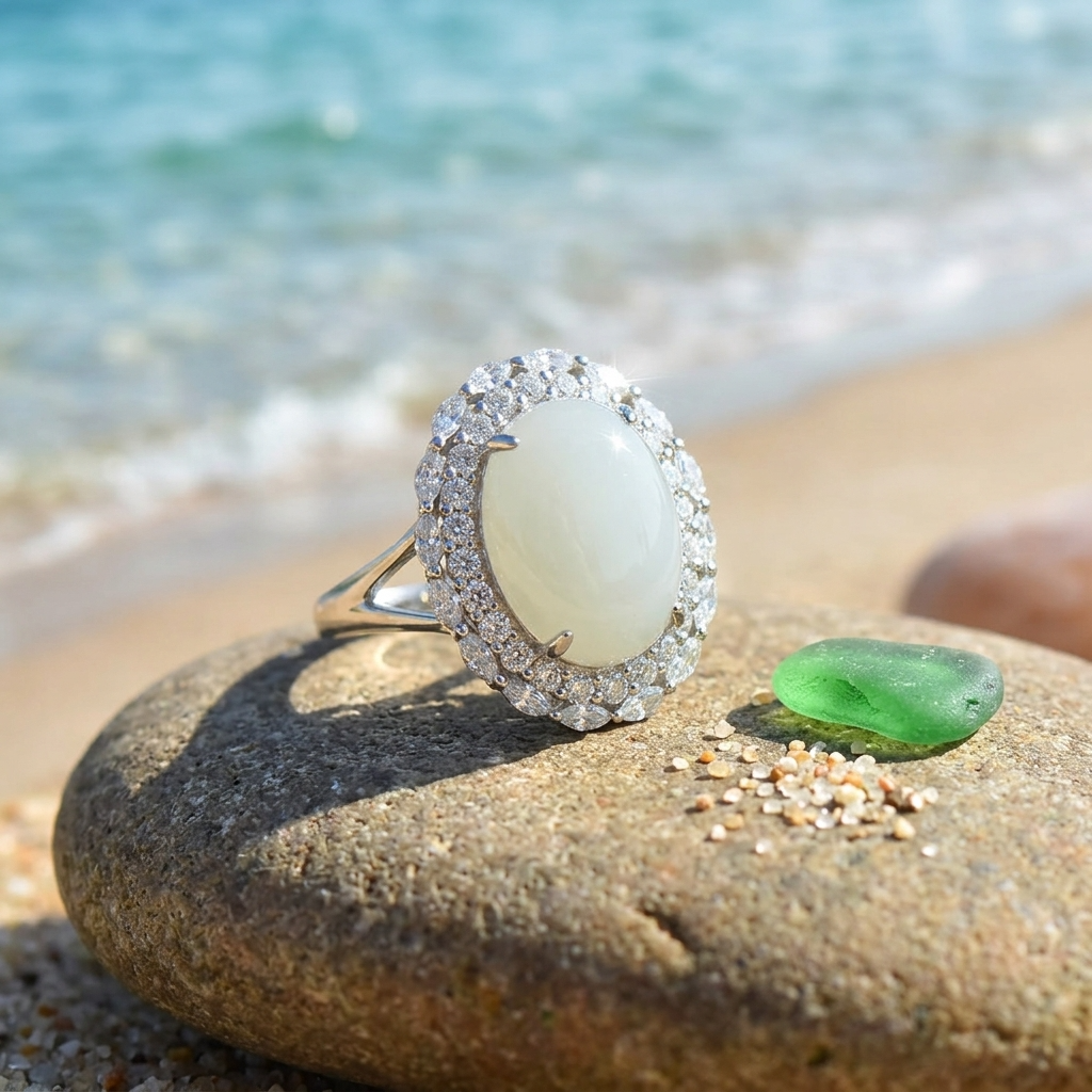 Women's Natural Hetian Jade Ring – 925 Sterling Silver Adjustable size