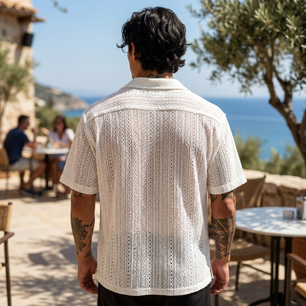 Men's Hollow Cut-Out Cuban Collar Shirt – Loose Fit Short Sleeve