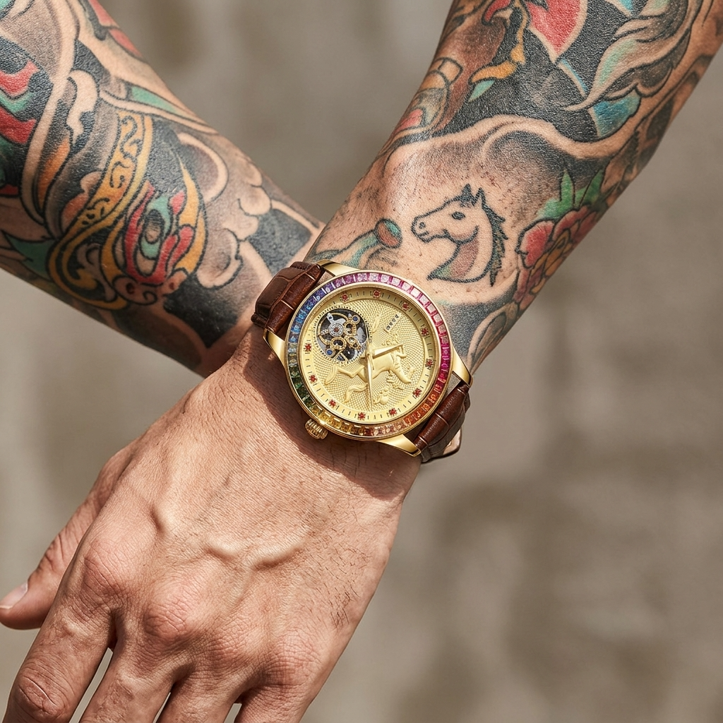 Men's Automatic Mechanical Watch – Rose Gold, Hollow Dial &amp; Leather Strap